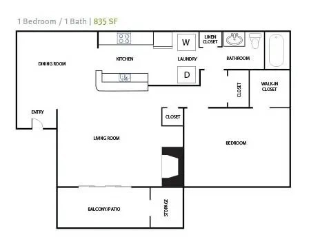 A floor plan of a one bedroom apartment with a balcony.